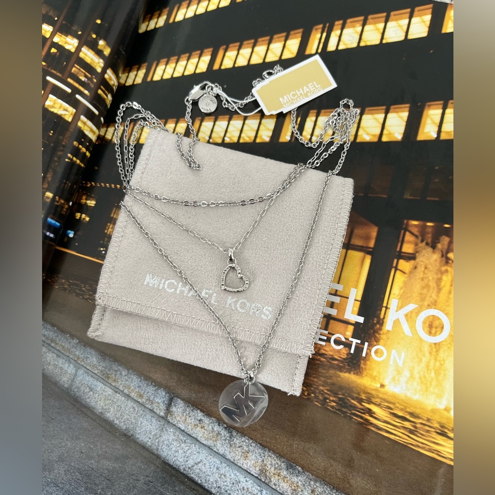MICHAEL KORS Logo & Heart Silver Multi Strand Layered Necklace